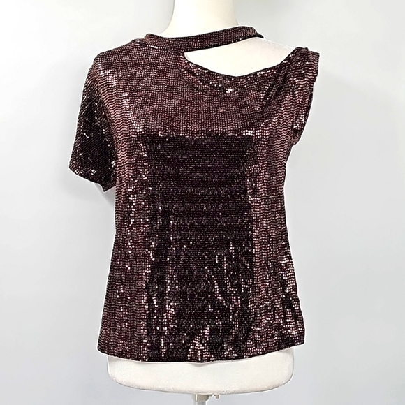 Express Bronze Sequined Exposed Shoulder Cutout Short Sleeved Blouse - Picture 1 of 13